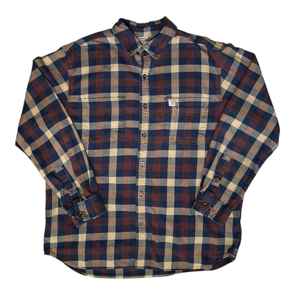 CARHARTT Relaxed Fit Longsleeve Flannel sz L Pocket Brown Tan Maroon Big Plaid - Picture 1 of 11